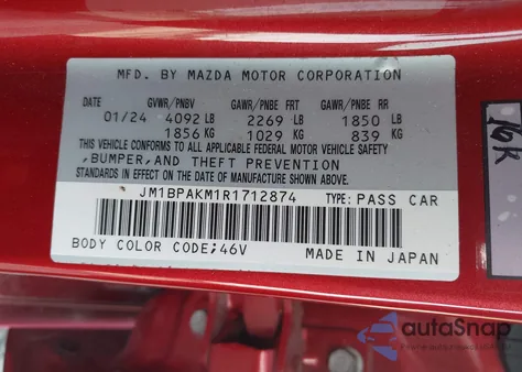 2024 Mazda Mazda3 2.5 S Select Sport из США, поврежденный, VIN JM1BPAKM1R1712874